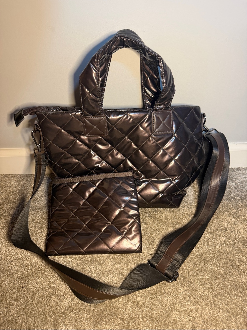 HAUTE SHORE Quilted Shiny Dark Brown Tote with Crossbody Strap